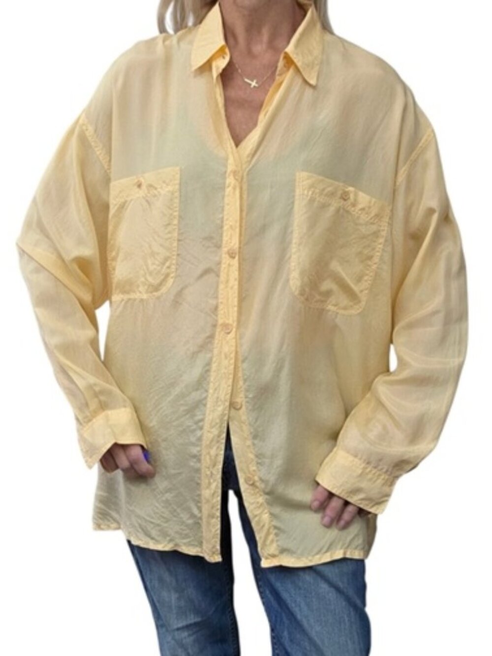 Vintage 90s Bogari 100% Silk Shirt M Yellow Oversized Button Down Blouse